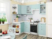Небольшая угловая кухня в голубом и белом цвете